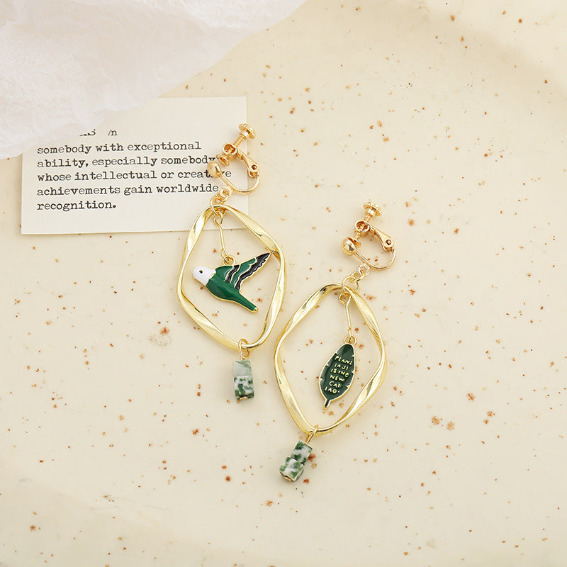 Retro Mori Style Green Bird Earrings Geometric Leaf Ear Clip - KuzuSHOP
