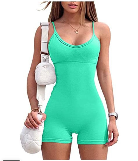 Spaghetti Strap Shorts Jumpsuit Sports Yoga Workout Tight Romper Women Fashion Fitness Sportwear - KuzuSHOP