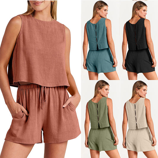 Women's Set Summer Sleeveless Tops And Drawstring Shorts Fashion Suit 2pcs - KuzuSHOP