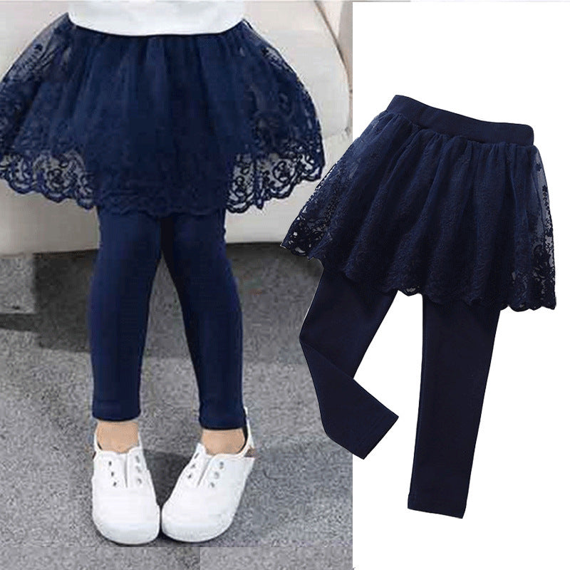 Children's Fake 2 Girls Leggings Cotton Lace Skirt Pants - KuzuSHOP