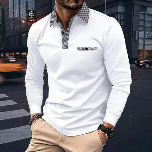 Leisure Plaid Lapel Polo Shirt Fashion Solid Color Long Sleeve Tops Men's Clothing - KuzuSHOP