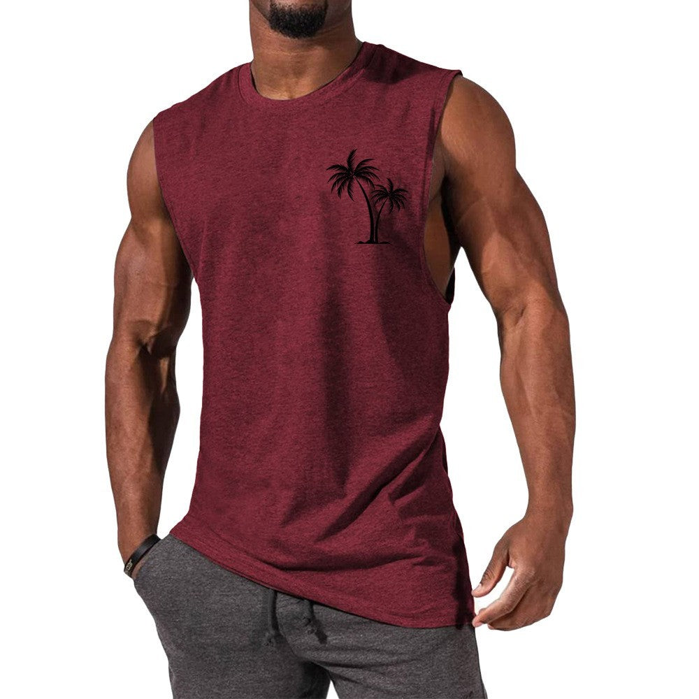 Coconut Tree Embroidery Vest Summer Beach Tank Tops Workout Muscle Men Sports Fitness T-shirt - KuzuSHOP