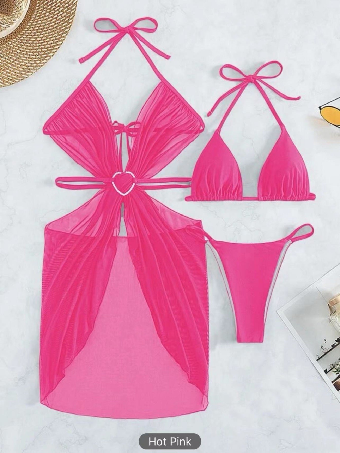 3pcs Halter Neck Bikini Beach Summer Solid Color Split Swimsuit Womens Clothing - KuzuSHOP