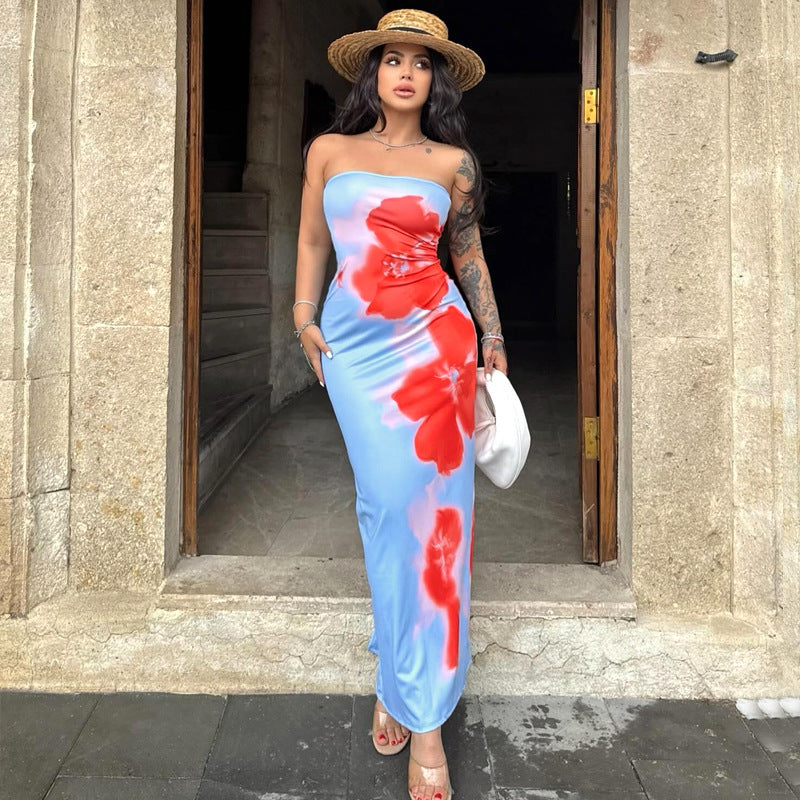 Slim Slit Tube Long Dress Summer Sexy Pint Party Beach Dresses Women's Clothing - KuzuSHOP