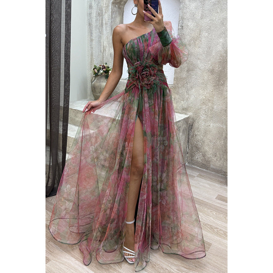 Mesh Tie-dye Printed Off-shoulder Slit Dress Summer INS Fashion Long Dress Party Womens Clothing - KuzuSHOP
