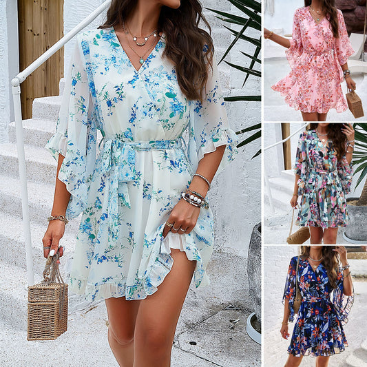 Summer Floral Print Short Sleeves Dress Lace Up Ruffles Design Fashion V-neck Short Dresses Womens Clothing - KuzuSHOP