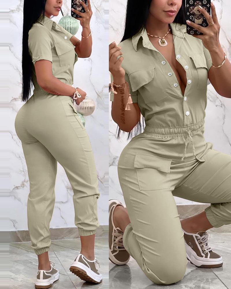 Casual Multi-pocket Waist Elastic Cargo Overalls - KuzuSHOP