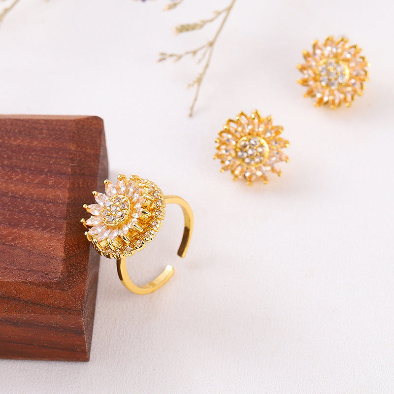 Classic Charm Sunflower Flower Stainless Steel Necklace Earrings Fashion Exquisite Micro Seed Jewelry Ring - KuzuSHOP