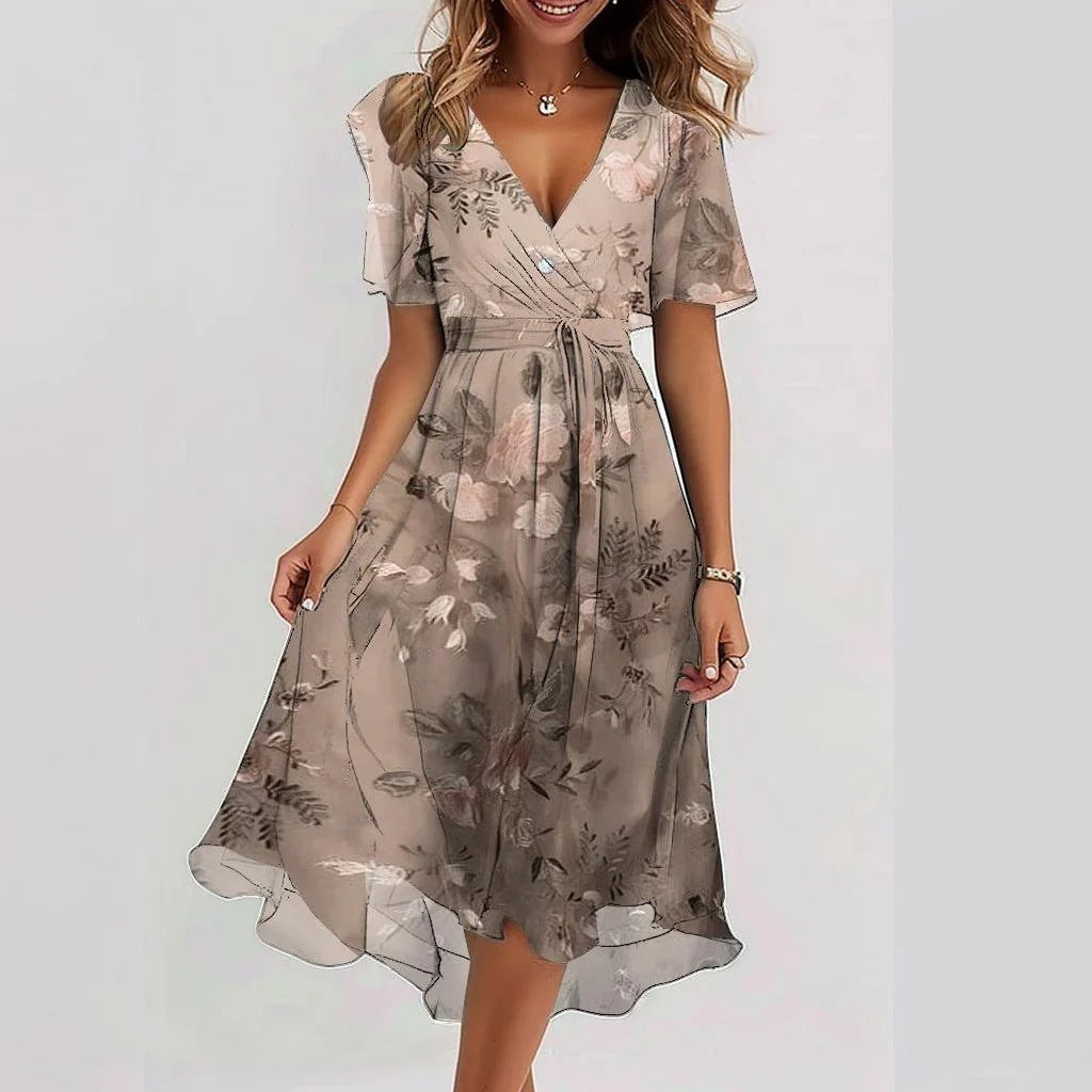 Chiffon Printed Short Sleeve Dress Summer Elegant V-neck Dresses Womens Clothing - KuzuSHOP