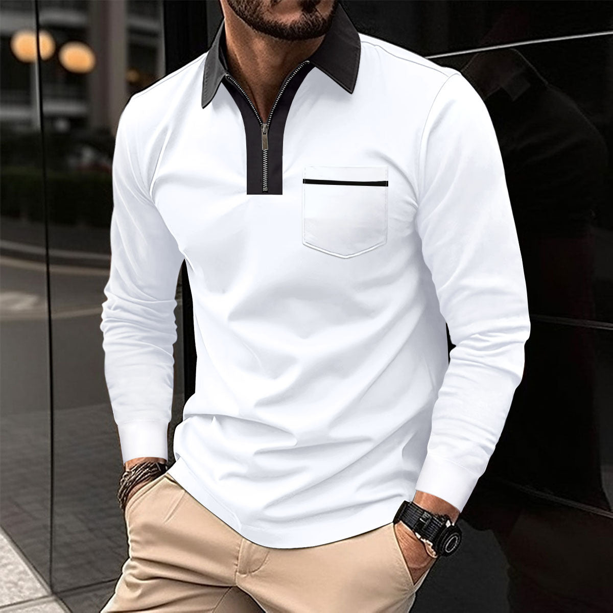 2024 Autumn Mens Long Sleeve Zipper Polo Shirts Casual Lapel Collar Zip Up Henley Shirts Cotton Sports Golf Tennis T-Shirts With Pockets - KuzuSHOP