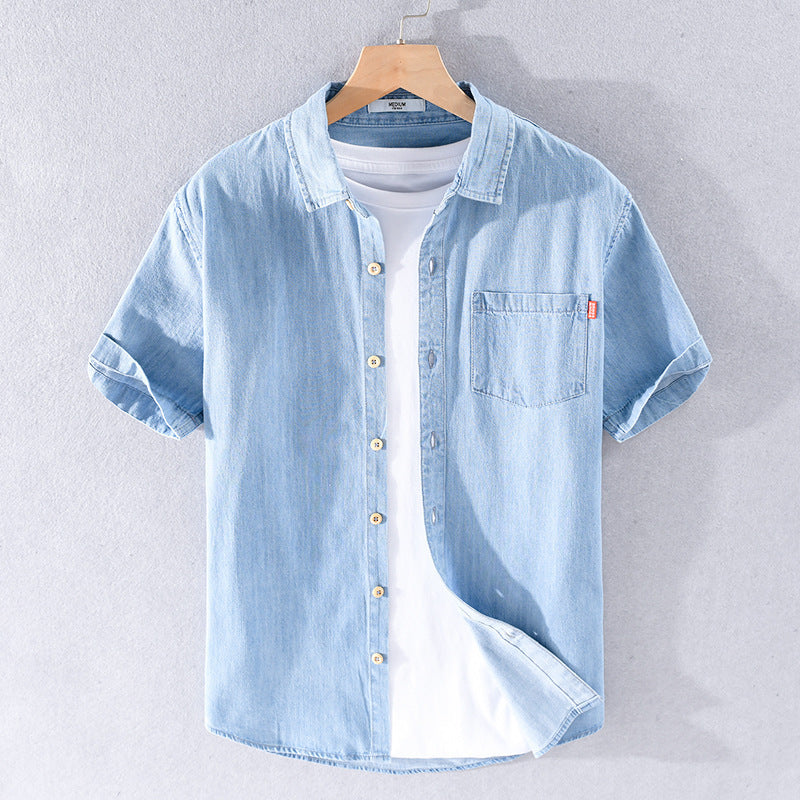 Summer Cotton Short Sleeve Denim Shirt For Men Classic All-matching - KuzuSHOP