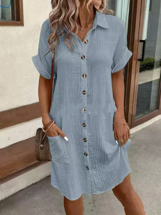 Summer Short Sleeve Shirt Dress Fashion Solid Color Single-breasted Mid-length Loose Dress - KuzuSHOP