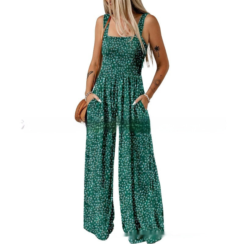 European And American Bohemian Spaghetti-strap Floral Print Overalls - KuzuSHOP