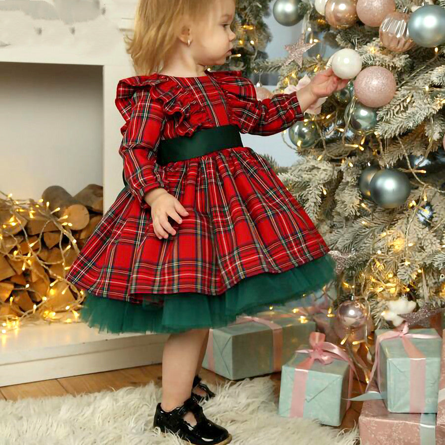 Girls Kids Red Checkered Bow Christmas Dress - KuzuSHOP