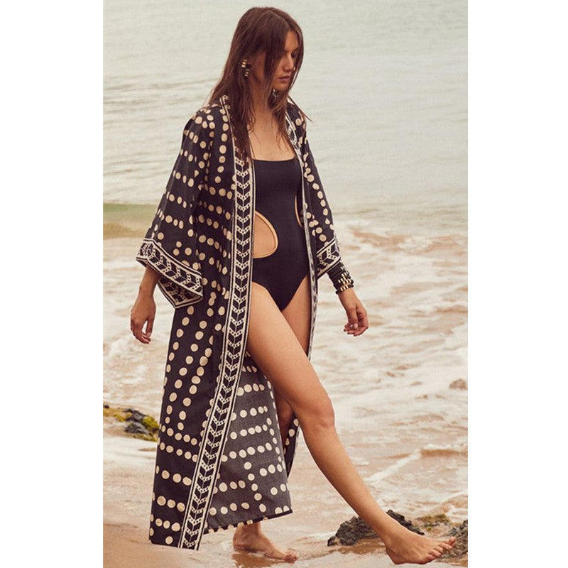 Beach Cardigan Long Sleeve Sun Protection Lace-up Printing Long Beach Wear Dress Leisure Fashion Loose Sexy Bikini Cover Up - KuzuSHOP