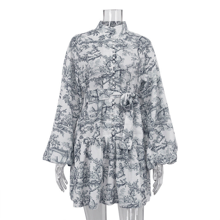 Ink Print Long Sleeve Short Dress With Fashion Puffy Sleeve Lapel Tie A-Line Dress Clothing - KuzuSHOP