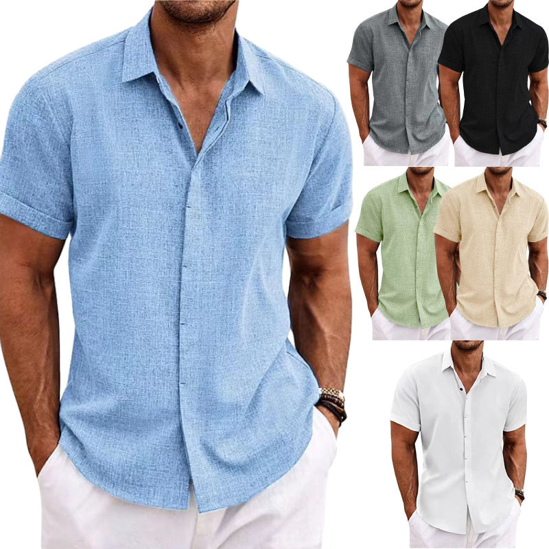 Men's Solid Color Loose Linen Short-sleeved T-shirt - KuzuSHOP