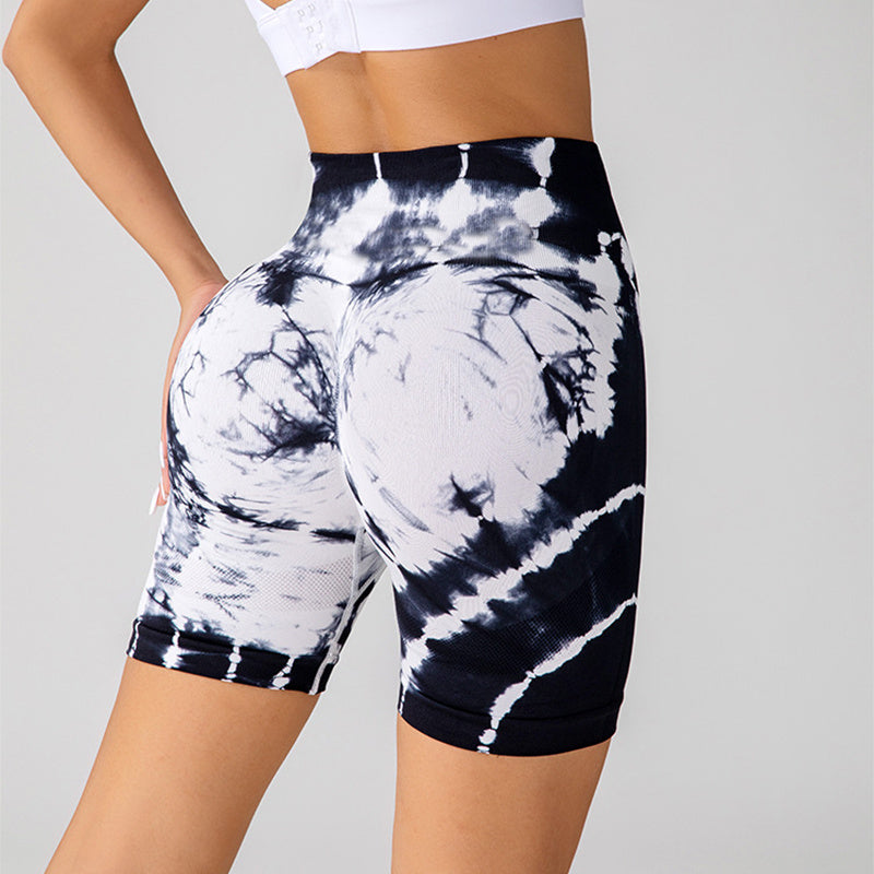 Tie-dye Printed Yoga Shorts Fashion Seamless High-waisted Hip-lifting Pant Sports Running Fitness Pants For Womens Clothing - KuzuSHOP