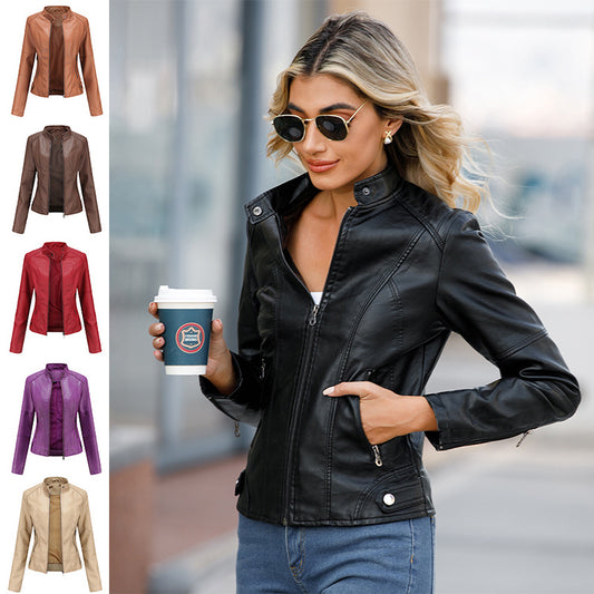 Biker Oversized Stand Collar Leather Jacket - KuzuSHOP