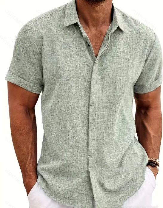 Men's Solid Color Loose Linen Short-sleeved T-shirt - KuzuSHOP