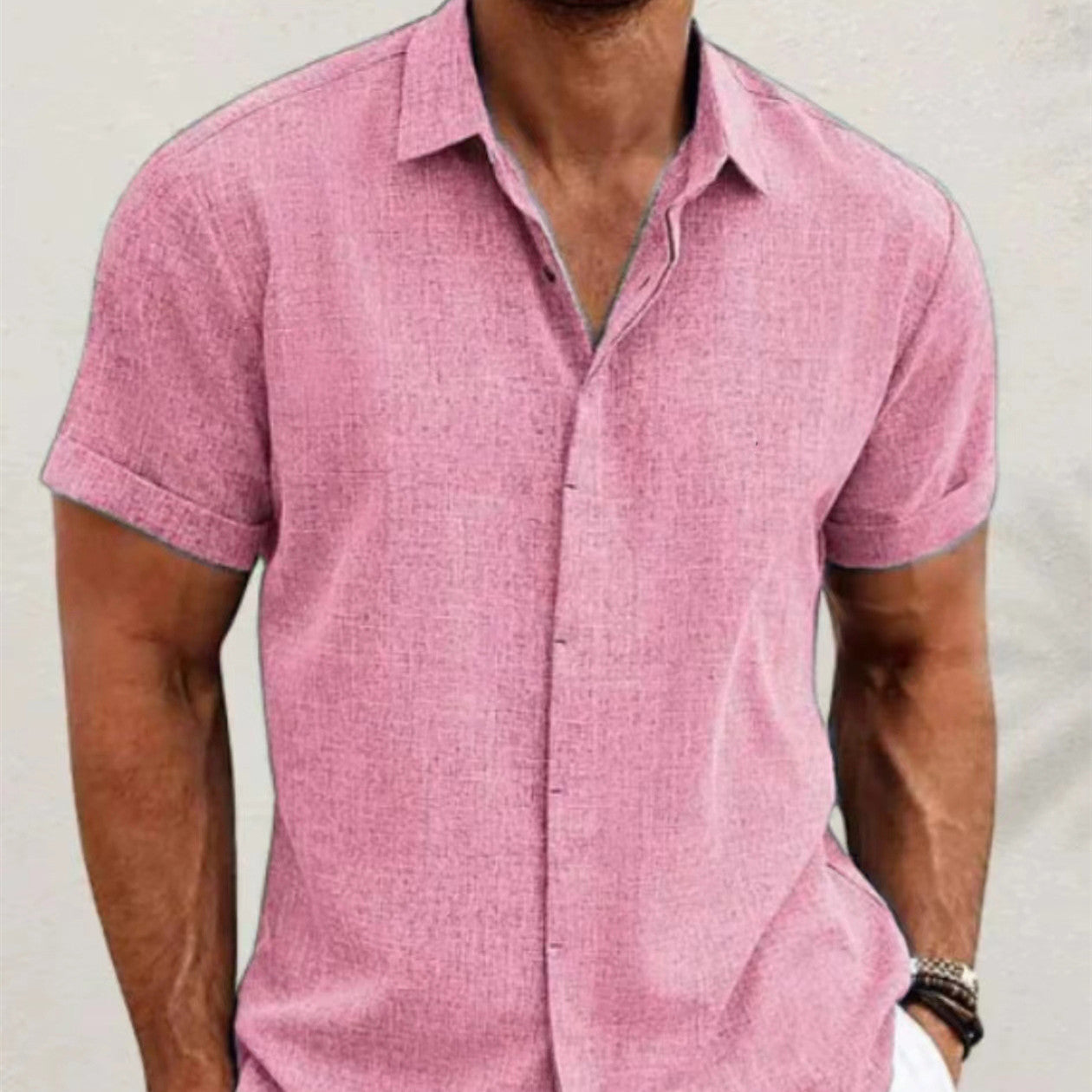 Men's Solid Color Loose Linen Short-sleeved T-shirt - KuzuSHOP
