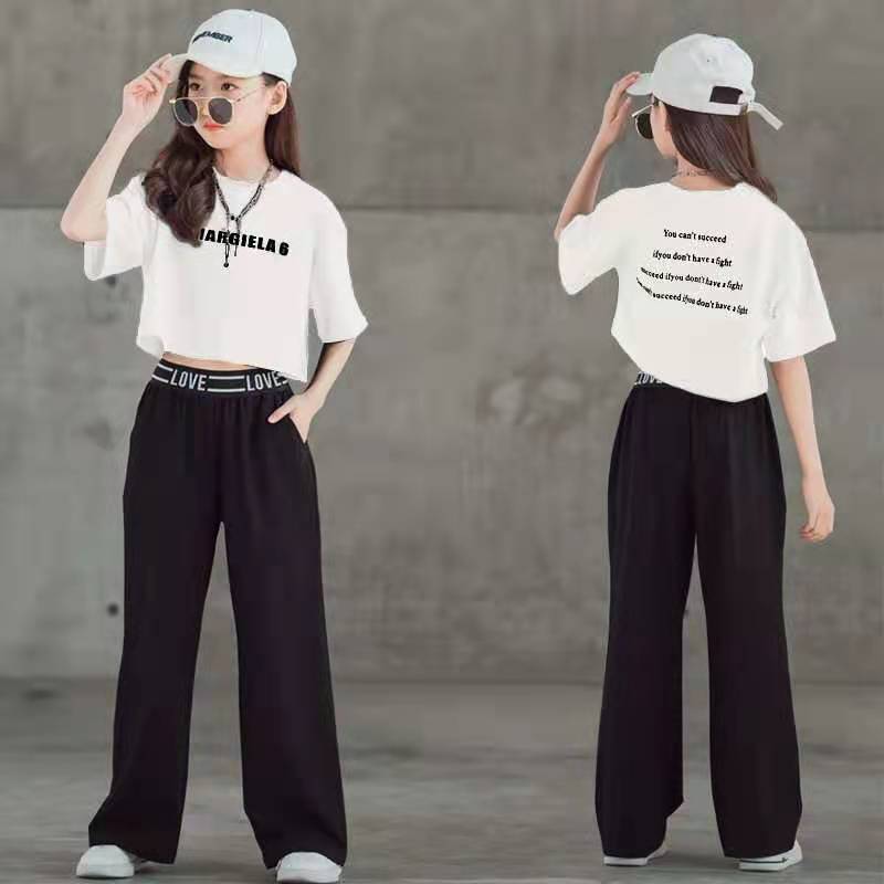 Summer New Medium And Large Children's Western Style Internet Celebrity Short Sleeve Wide Leg Pants Two-piece Set - KuzuSHOP