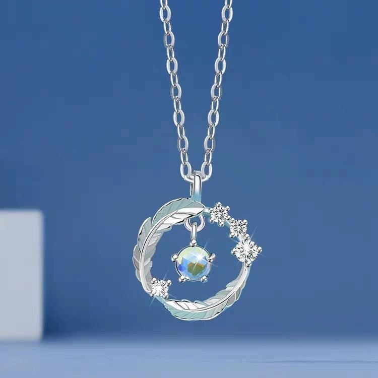 925 Silver Plated  Feather Shape Pendant Necklace Moonstone Round Bead Jewelry Choker Gift - KuzuSHOP