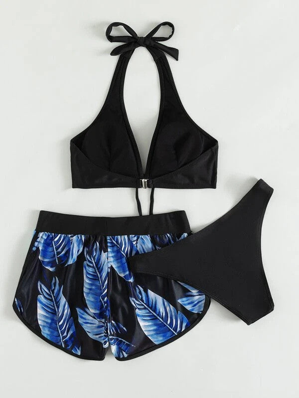 3pcs Leaf Print Bikini With Shorts Fashion Summer Beach Swimsuit Womens Clothing - KuzuSHOP
