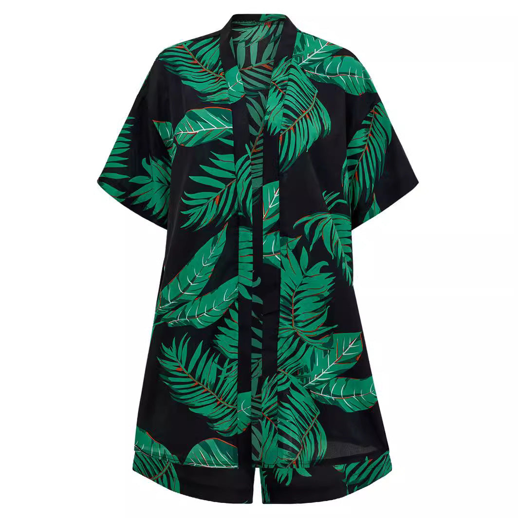 2pcs Casual Holiday Leaves Print Suit Summer Short Sleeve Shirt Top And Drawstring Shorts Sets For Womens Clothing - KuzuSHOP