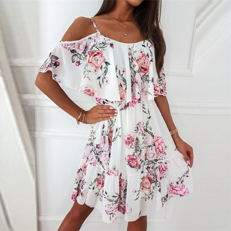Flower Printed Ruffled Suspender Dress Summer Off-the-shoulder Strap Dresses Women - KuzuSHOP