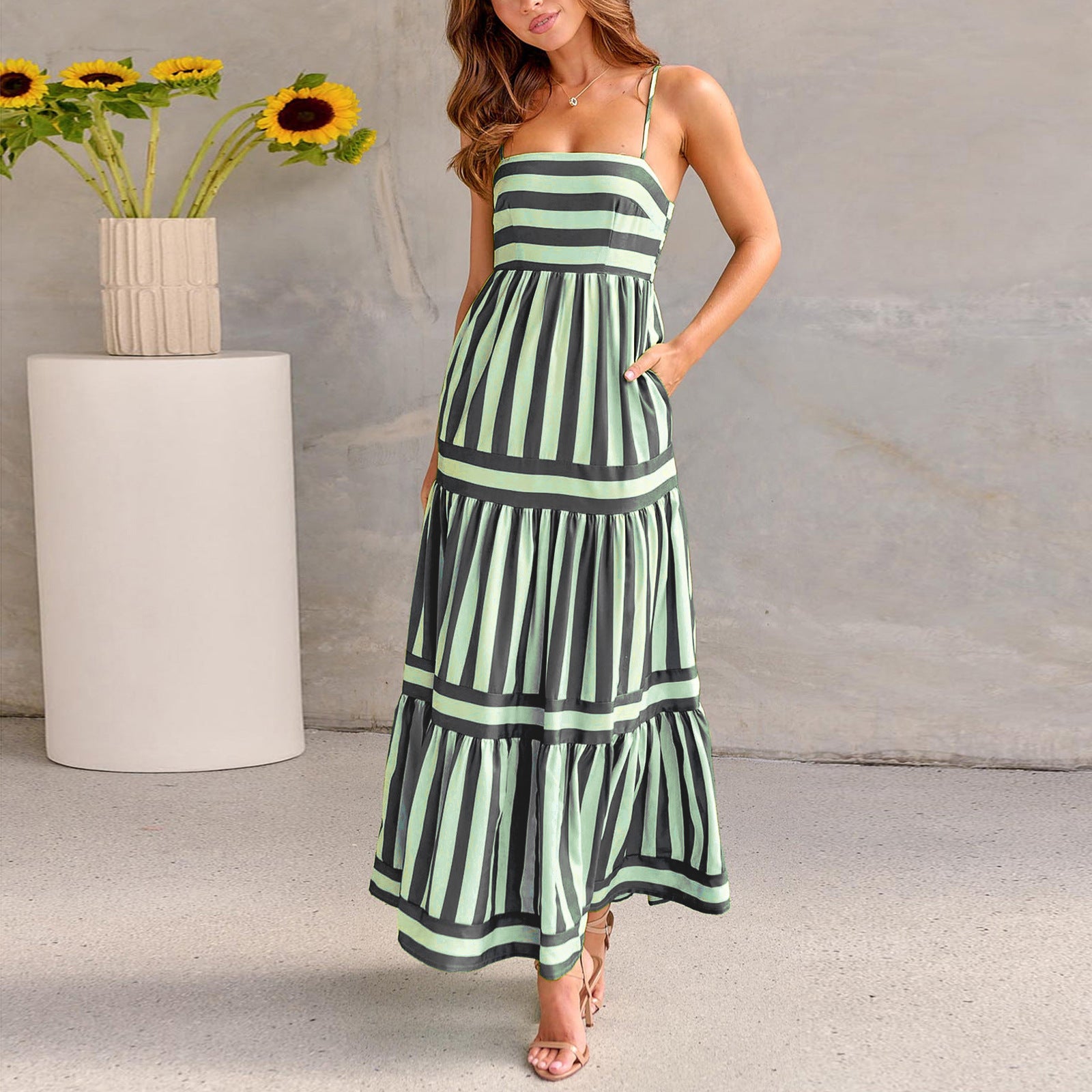 Summer Striped Printed Suspender Long Dress With Pockets Fashion Square Neck Backless Dresses For Beach Vacation Women Clothing - KuzuSHOP