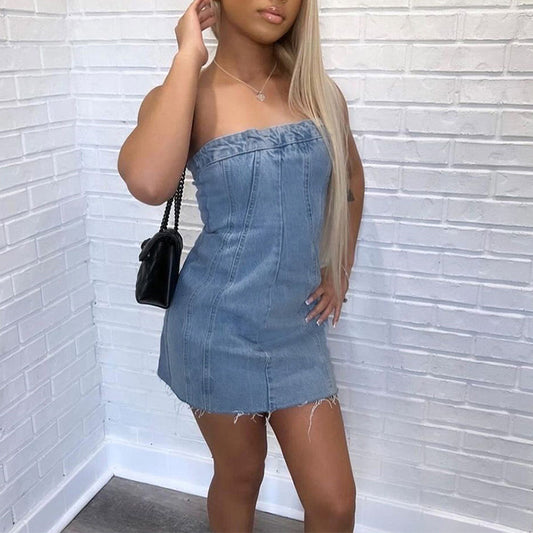 Fashion Backless Tube Denim Dress Summer Sexy Y2K Slim Short Dresses For Women Clothing - KuzuSHOP