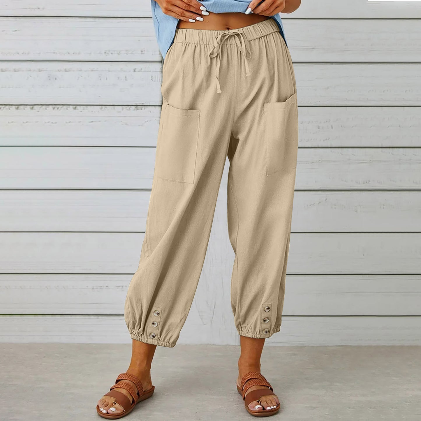 Women Drawstring Tie Pants Spring Summer Cotton And Linen Trousers With Pockets Button - KuzuSHOP