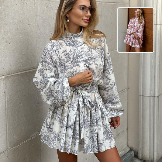 Ink Print Long Sleeve Short Dress With Fashion Puffy Sleeve Lapel Tie A-Line Dress Clothing - KuzuSHOP