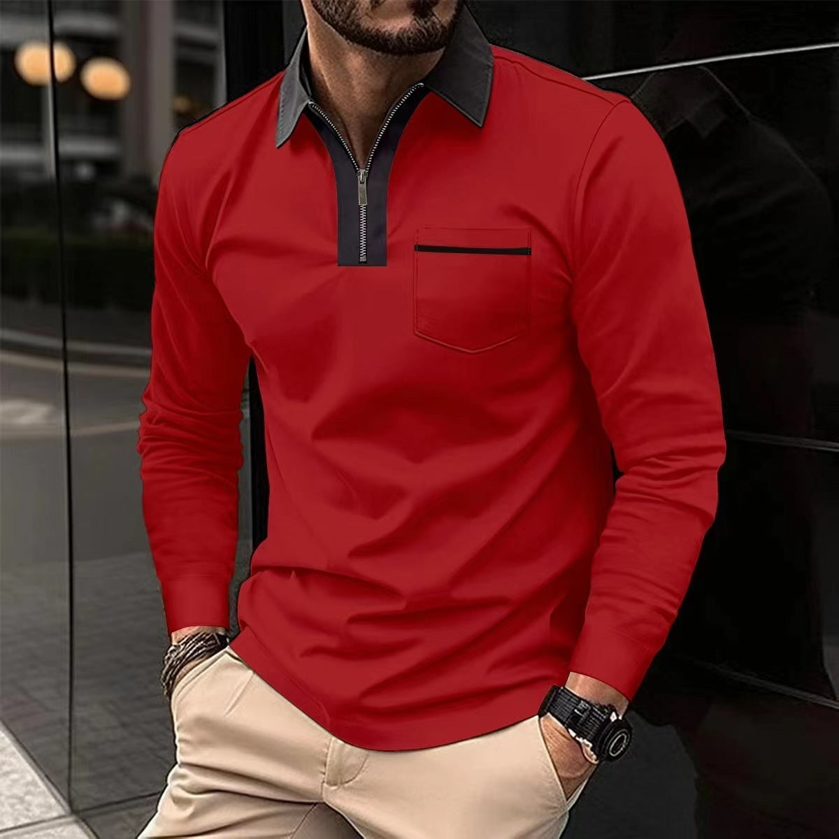 2024 Autumn Mens Long Sleeve Zipper Polo Shirts Casual Lapel Collar Zip Up Henley Shirts Cotton Sports Golf Tennis T-Shirts With Pockets - KuzuSHOP