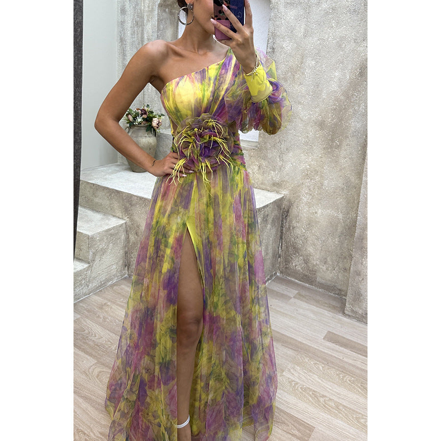 Mesh Tie-dye Printed Off-shoulder Slit Dress Summer INS Fashion Long Dress Party Womens Clothing - KuzuSHOP