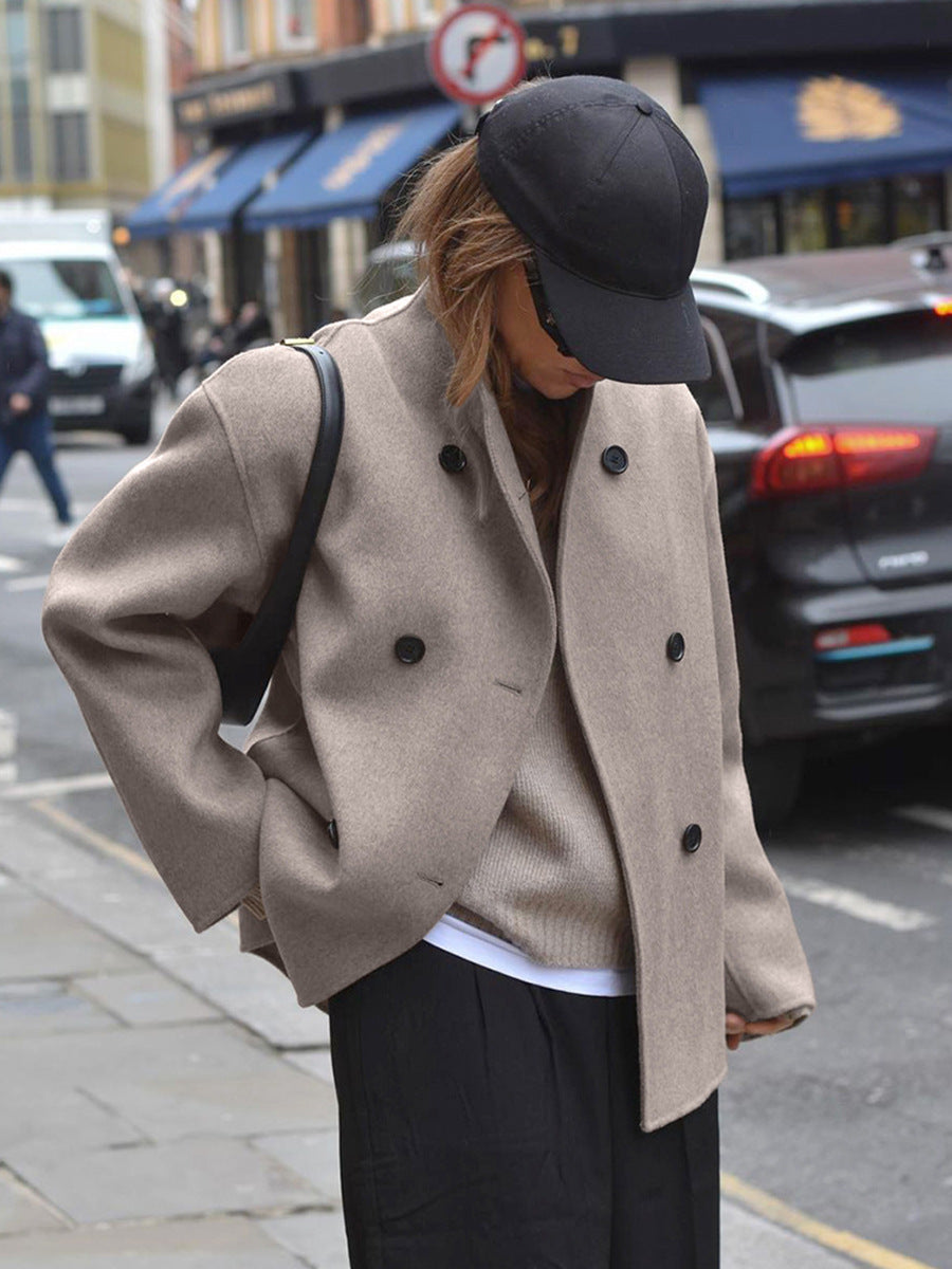 Designed Brown Double-breasted Woolen Coat For Women Winter Thickened Woolen Coat - KuzuSHOP