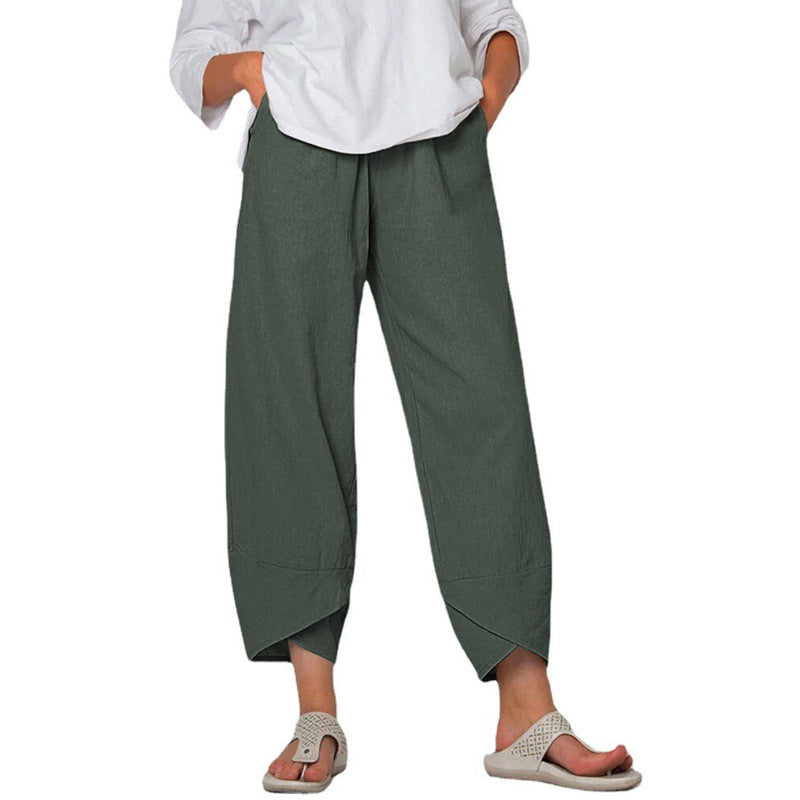 Cotton And Linen Wide Leg Pants Solid Color High Waist Loose Casual Trousers For Women - KuzuSHOP