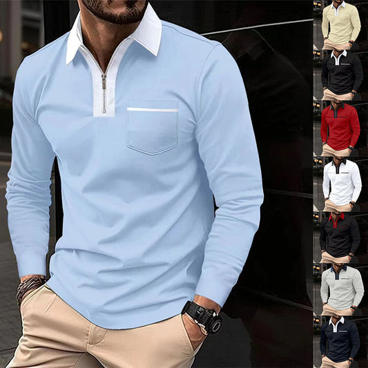 2024 Autumn Mens Long Sleeve Zipper Polo Shirts Casual Lapel Collar Zip Up Henley Shirts Cotton Sports Golf Tennis T-Shirts With Pockets - KuzuSHOP