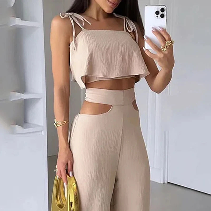 Cross-border Solid Color Sling Top Casual Hollow-out Trousers Suit - KuzuSHOP