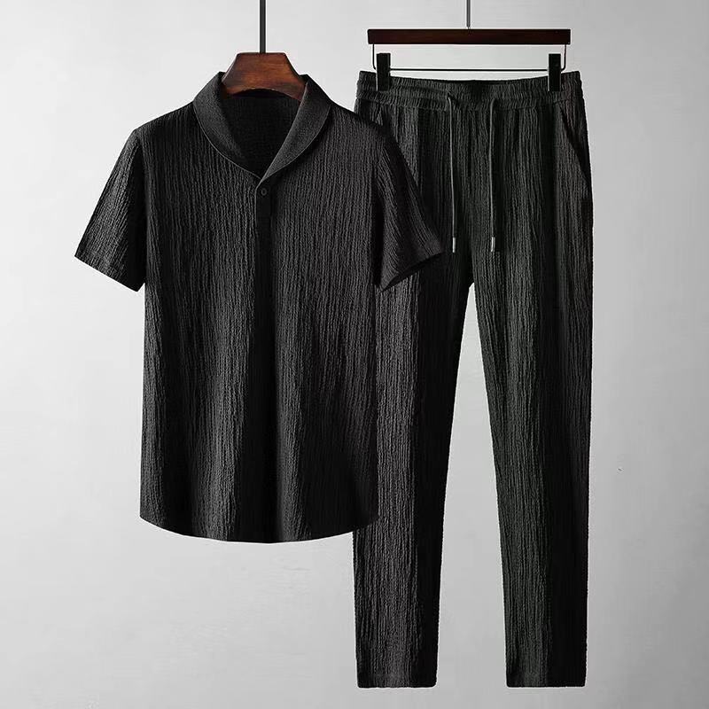 Leisure Suit Summer Loose Short Sleeve Top And Drawstring Trousers Fashion Mens Clothing - KuzuSHOP