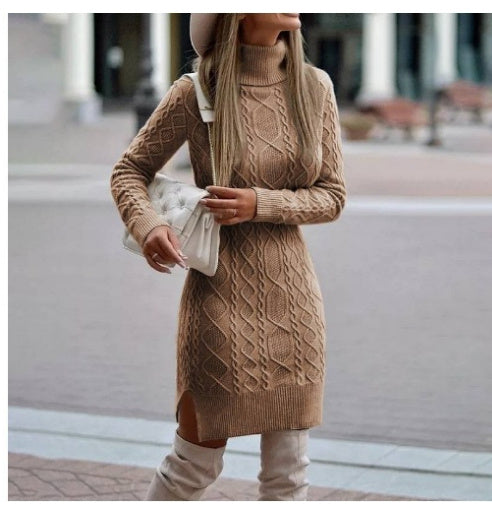 Fashion Turtleneck Knitted Dress With Slit Design Winter Warm Solid Color Pullover Long Sweater Women's Clothing - KuzuSHOP