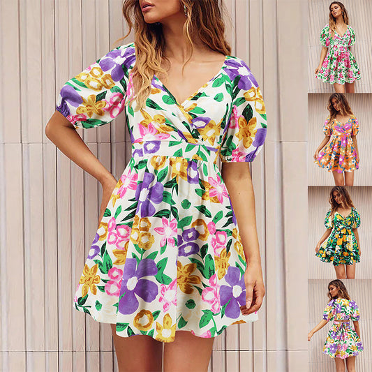 Flowers Print V-Neck Lantern-sleeve Dress Y2K Summer Vacation Beach Short Dresses Fashion Womens Clothing - KuzuSHOP