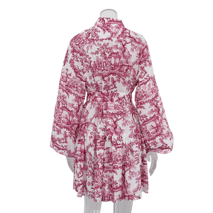Ink Print Long Sleeve Short Dress With Fashion Puffy Sleeve Lapel Tie A-Line Dress Clothing - KuzuSHOP