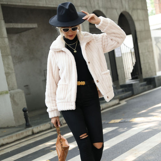 Women's Single-breasted Lapel Long-sleeved Double-sided Fleece Jacket - KuzuSHOP