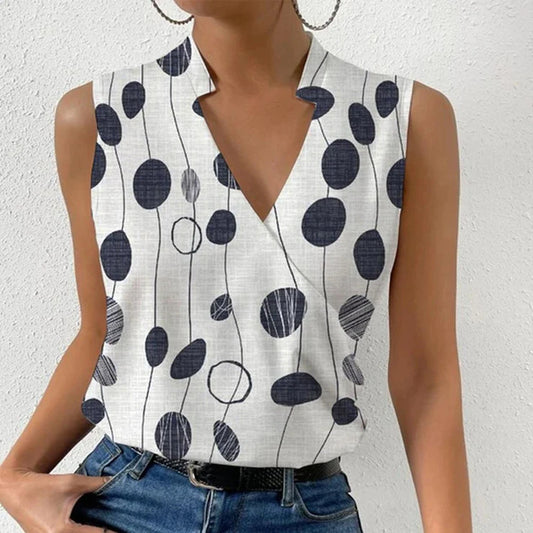 Casual Printed Tops Summer V-neck Sleeveless T-shirt Womens Clothing - KuzuSHOP