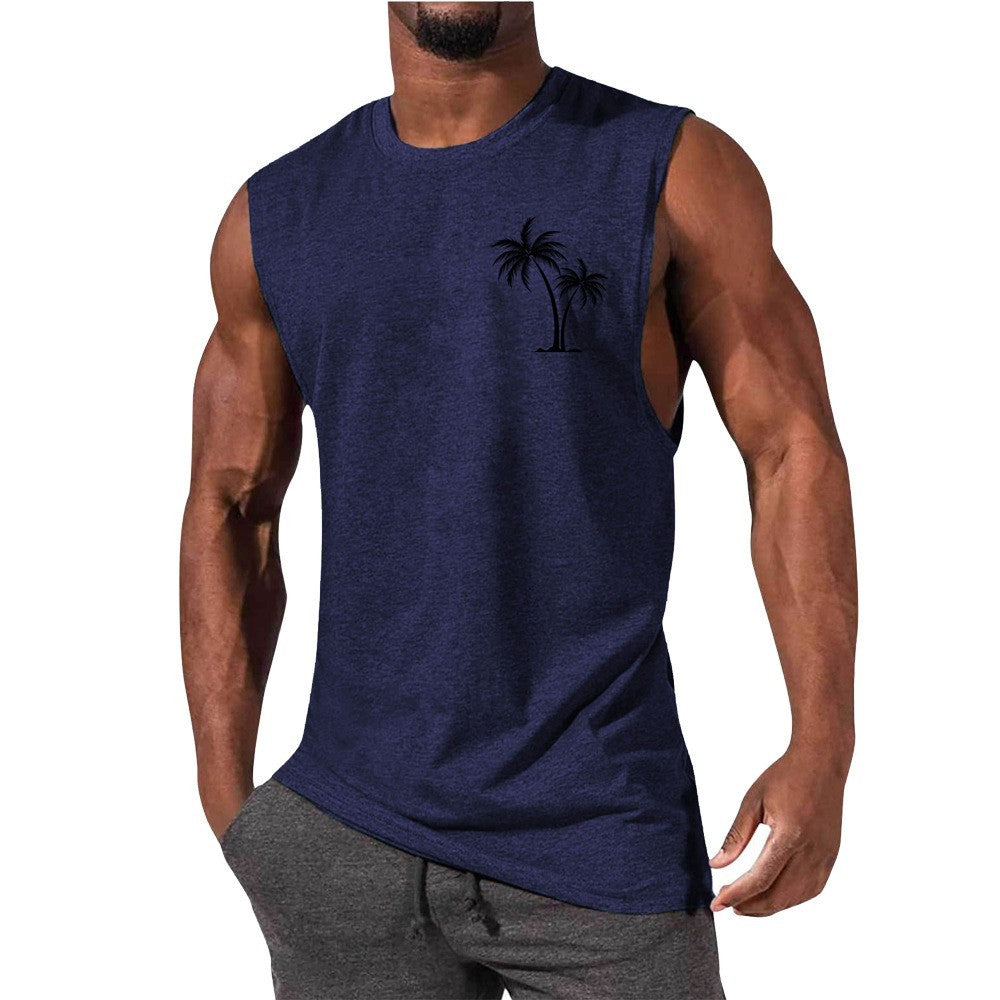 Coconut Tree Embroidery Vest Summer Beach Tank Tops Workout Muscle Men Sports Fitness T-shirt - KuzuSHOP