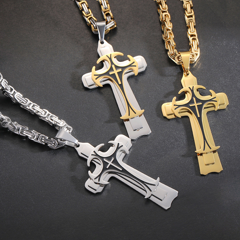 Fashion Jewelry Christian Trinity Latin Cross Necklace For Men Stainless Steel Three Layers Cross Pendants Necklaces Jewelry Gift - KuzuSHOP