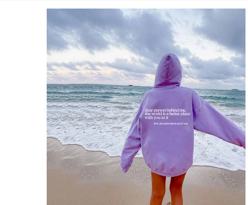 Dear Person Behind Me,the World Is A Better Place,with You In It,love,the Person In Front Of You ,Sweatshirt Letter Slogan Printed Kangaroo Pocket Drawstring - KuzuSHOP