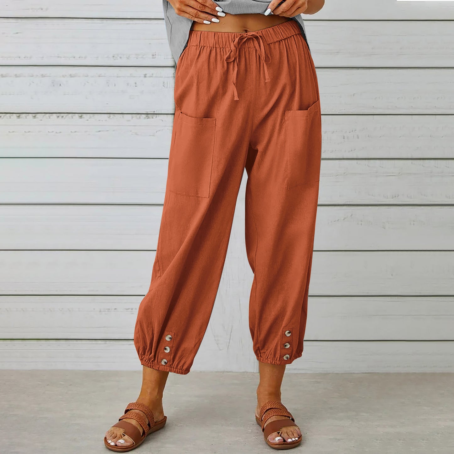 Women Drawstring Tie Pants Spring Summer Cotton And Linen Trousers With Pockets Button - KuzuSHOP